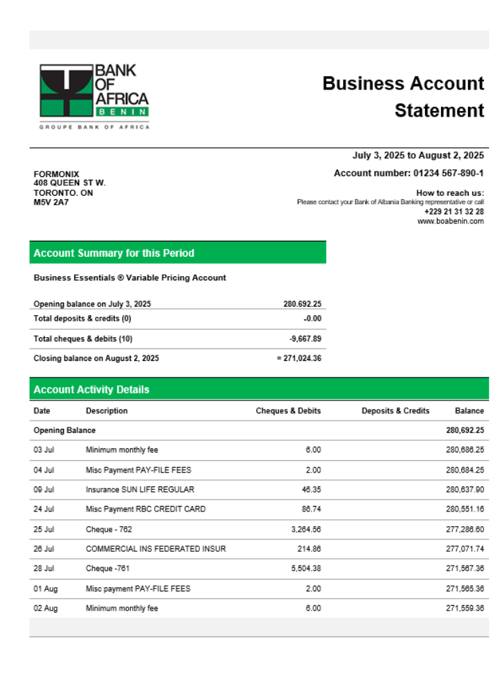 Modèle Word et PDF de relevé de compte courant de la société Bank of Africa